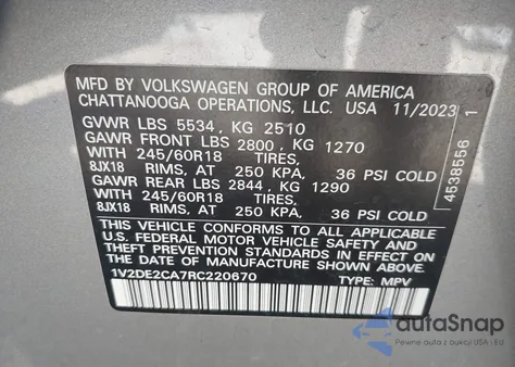 2024 Volkswagen Atlas Cross Sport 2.0T Se z USA, uszkodzony, nr VIN 1V2DE2CA7RC220670